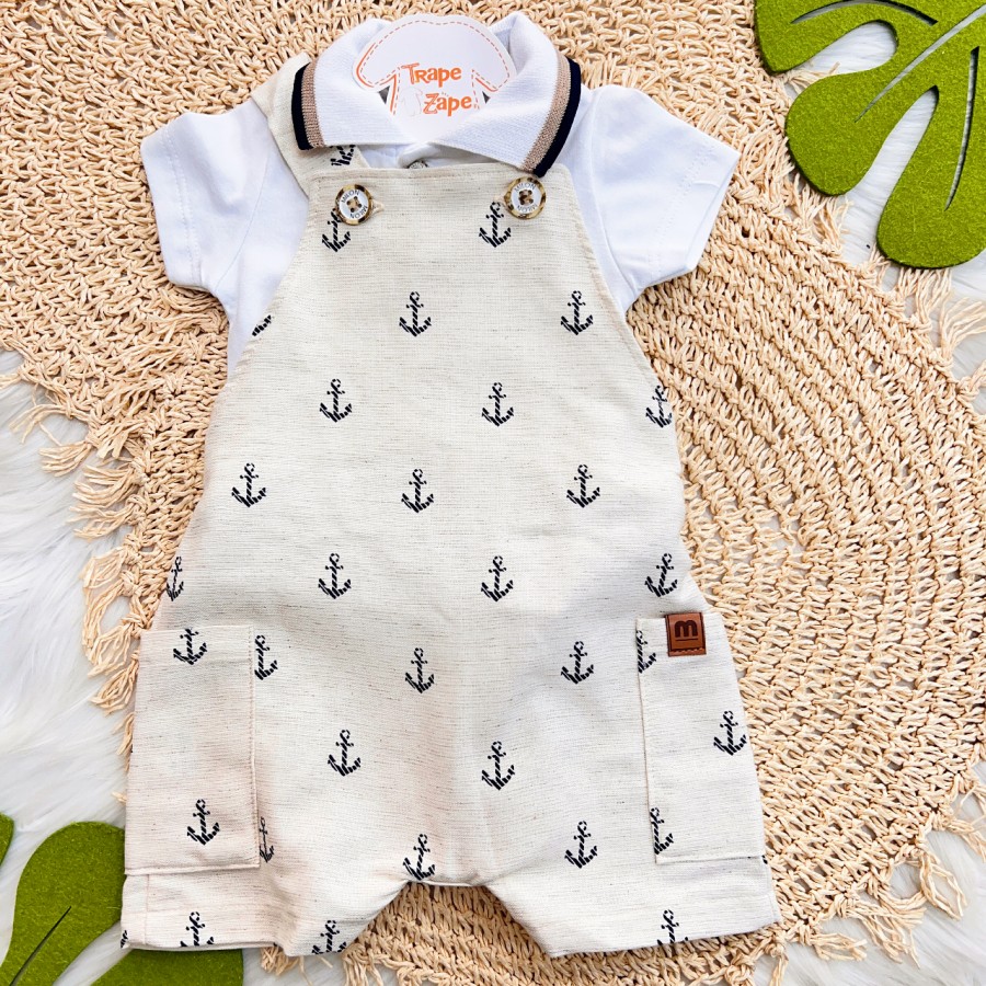  Conj. Body Gola Polo e Jardineira em Linho Âncoras - Branco e Areia